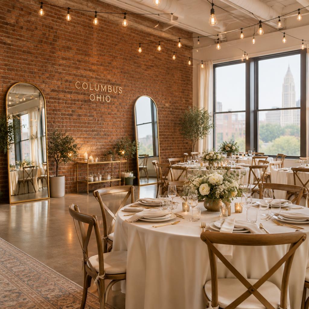 Studio set with round tables and cream linens for a private celebration