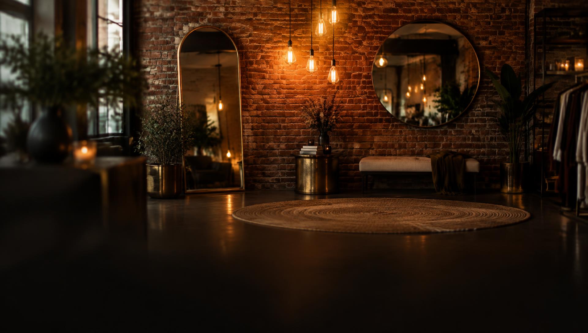 Short North Studio interior with exposed brick, Edison lights, and brass mirrors
